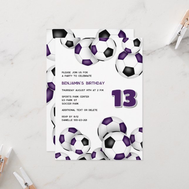 Invitation ballons de football noir violet garçons filles ann (Devant/Arrière en situation)