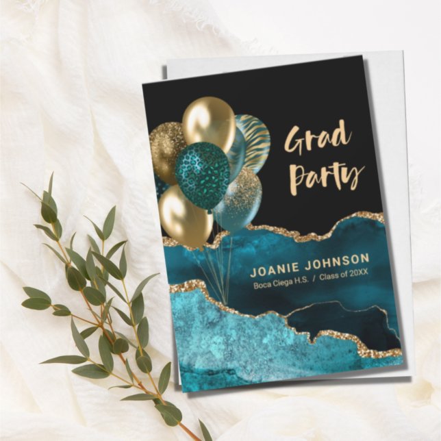 Invitation Ballons de la fête de graduation Turquoise Gold Ag (Créateur téléchargé)