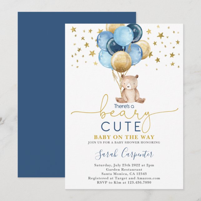 Invitation Ballons de l'ours en peluche Baby shower garçon (Devant / Derrière)