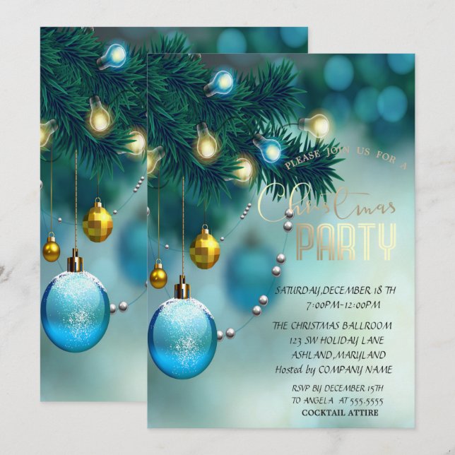 Invitation Ballons de Noël Bleu Entreprise Noël (Devant / Derrière)