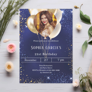 Invitation Ballons de parties scintillant en or bleu marine