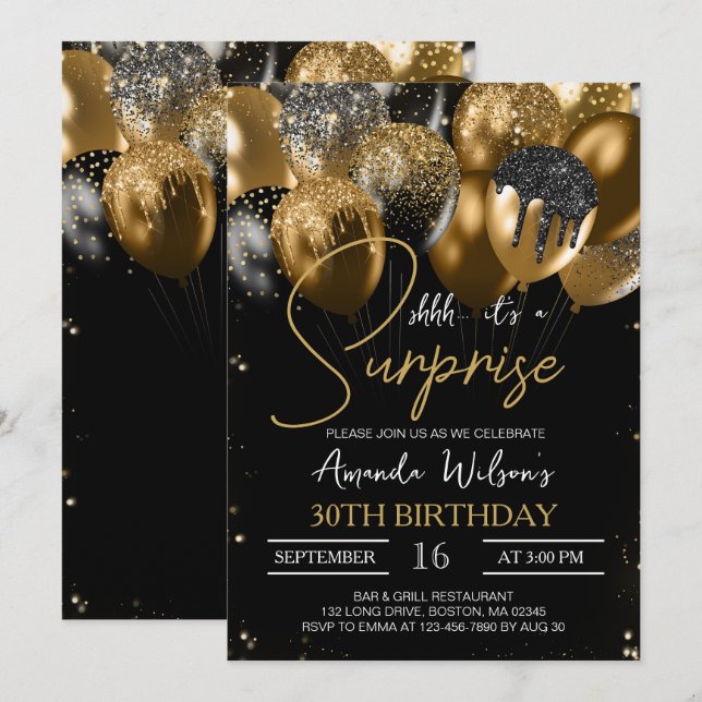 Invitation Ballons de Parties scintillant en or noir 30e anni (Devant / Derrière)