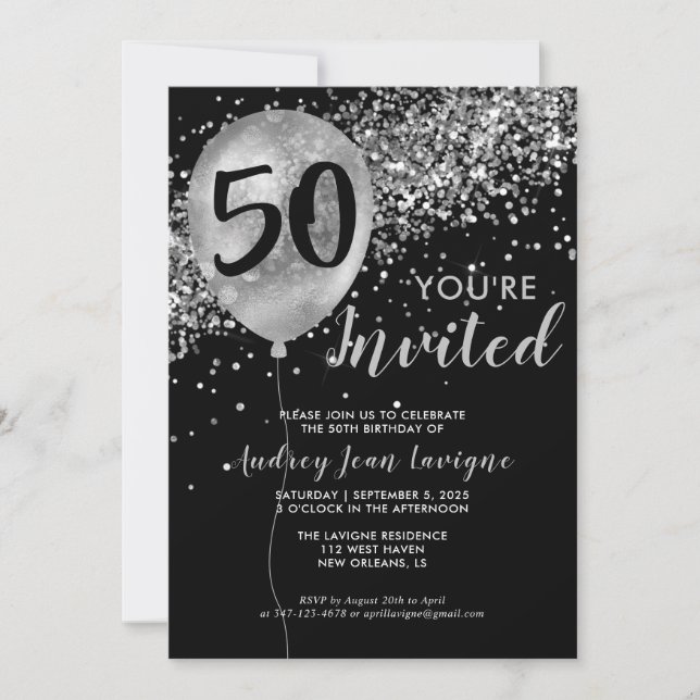 Invitation Ballons de Parties scintillant gris argent noir 50 (Devant)