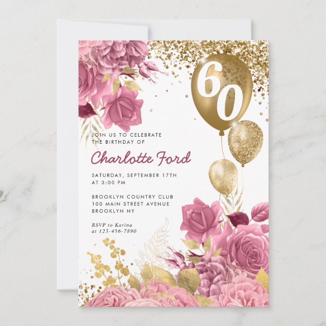Invitation Ballons de Parties scintillant or rose pâle rose (Devant)