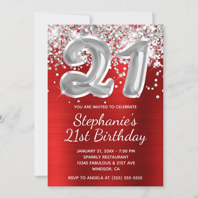 Invitation Ballons de Parties scintillant rouge et argent 21e (Devant)