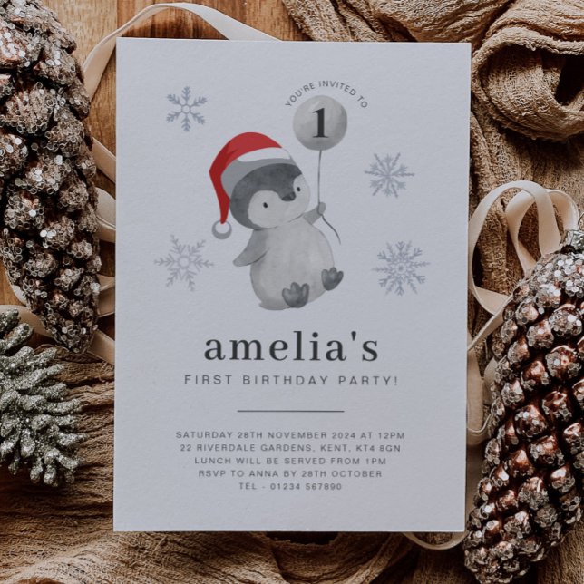 Invitation Ballons de pingouin 1er anniversaire (Penguin Balloon 1st Birthday Invitation 1)