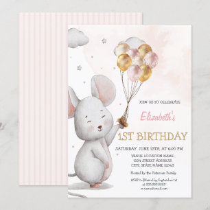 Invitation Ballons de souris adorables rayé Anniversaire