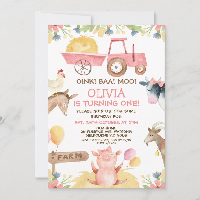 Invitation Ballons de tracteur rose ferme Animaux 1er anniver (Devant)