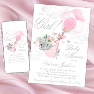 Invitation Ballons d'éléphant rose vif Baby shower papillon