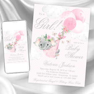 Invitation Ballons d'éléphant rose vif Baby shower papillon