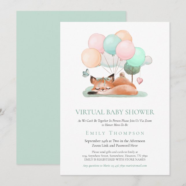 Invitation Ballons d'endormissement Fox mûre Baby shower virt (Devant / Derrière)