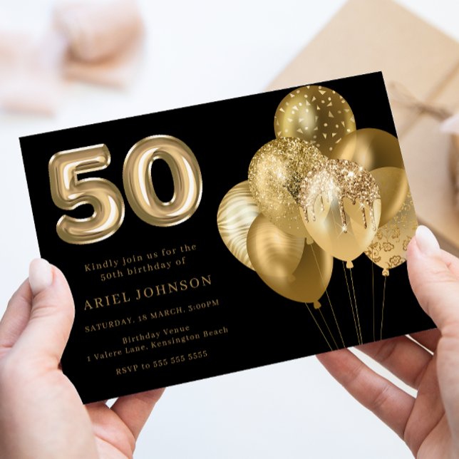 Invitation Ballons d'or 50e fête d'anniversaire Noir (Créateur téléchargé)