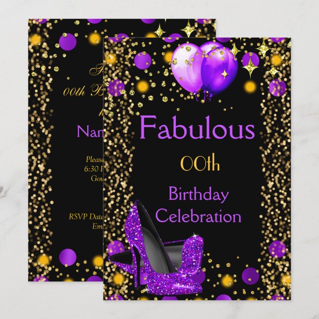 Invitation Ballons d'or à talons hauts violets fête d'anniver (Devant / Derrière)
