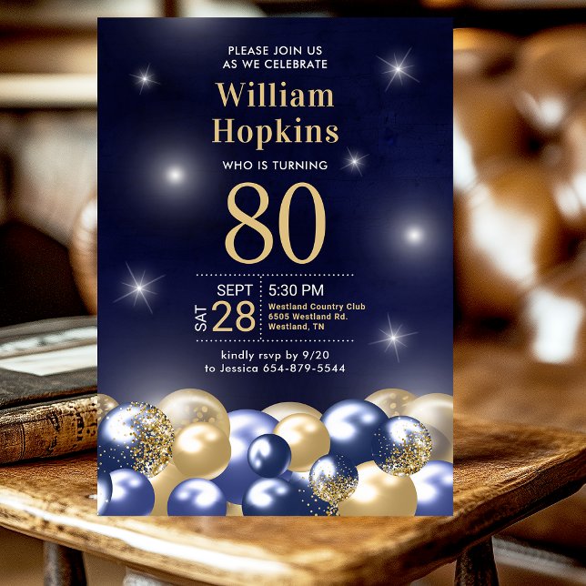 Invitation Ballons d'or bleu marine 80e anniversaire (Créateur téléchargé)