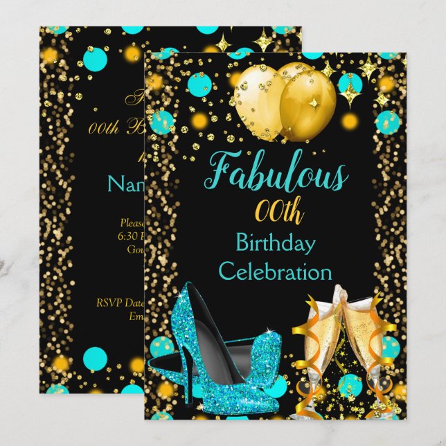 Invitation Ballons d'or bleu turquoise hauts talons Champagne (Devant / Derrière)