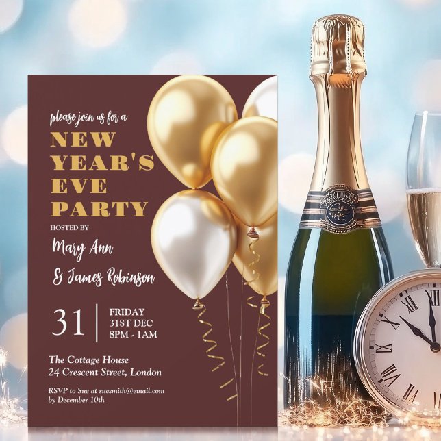 Invitation Ballons d'or du Nouvel An de la Soirée MODERNE Bou (MODERN New Years Eve Party Gold Balloons Burgundy Invitation)