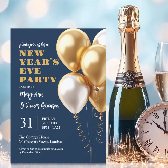 Invitation Ballons d'or du Nouvel An MODERNE (MODERN New Years Eve Party Gold Balloons Navy Invitation)
