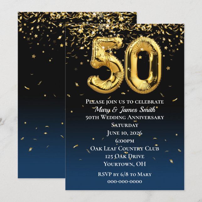 Invitation Ballons d'or et Confetti du 50e anniversaire (Devant / Derrière)