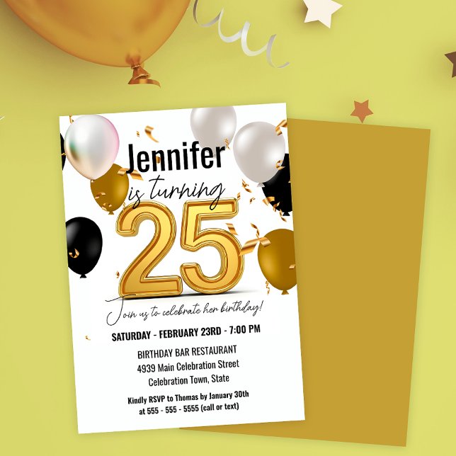Invitation Ballons d'or et de noir et Confetti 25e anniversai (Créateur téléchargé)