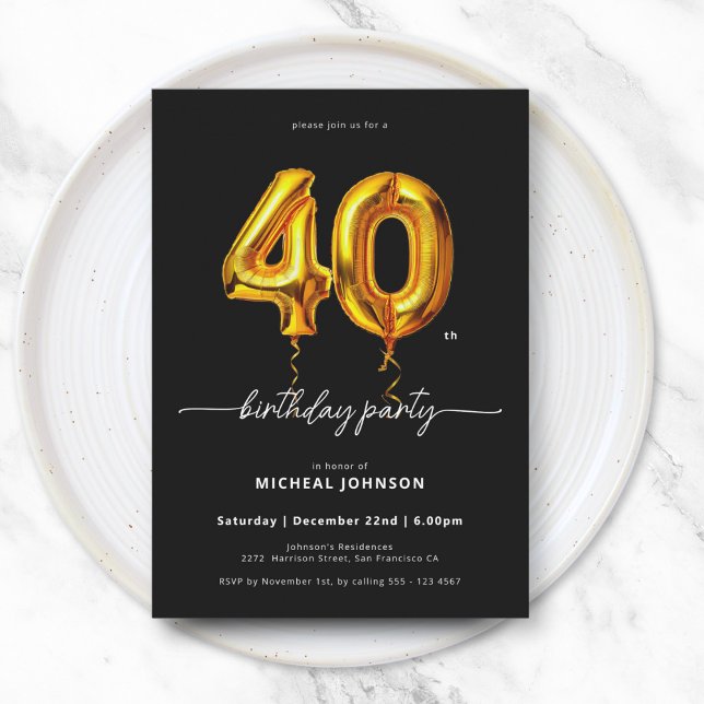 Invitation Ballons d'or Noir 40e anniversaire (Gold Balloon Black 40th Birthday Invitation)