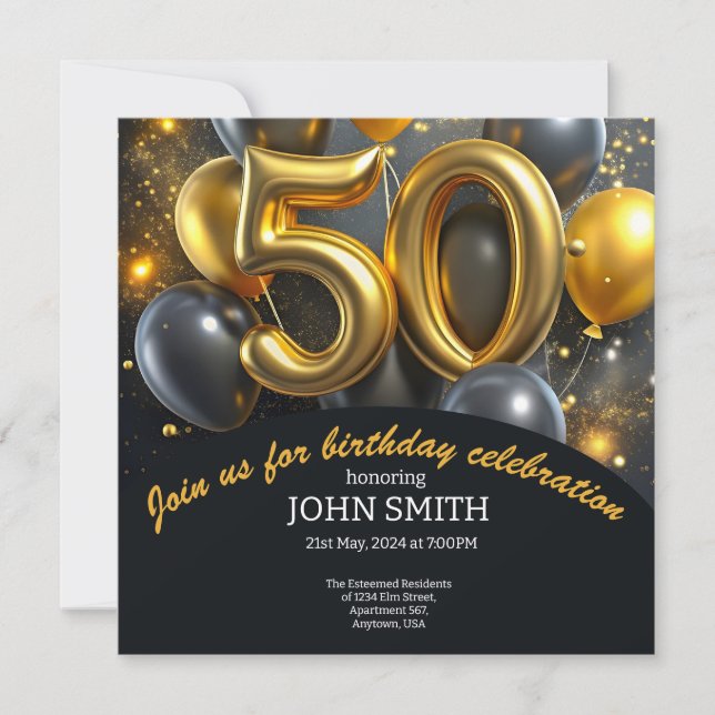 Invitation Ballons d'or noir 50e anniversaire scintillant (Devant)