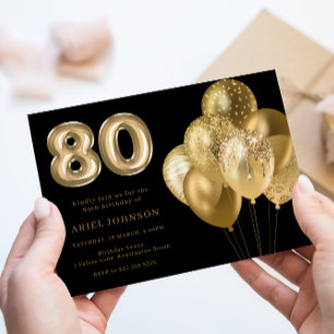 Invitation Ballons d'or Noir 80e fête d'anniversaire