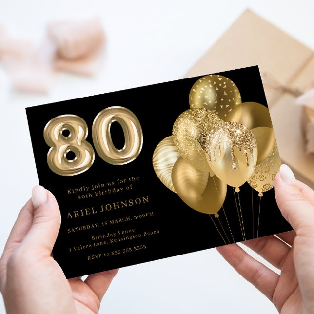 Invitation Ballons d'or Noir 80e fête d'anniversaire (Créateur téléchargé)