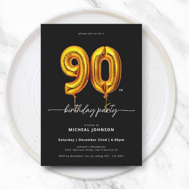 Invitation Ballons d'or Noir 90e anniversaire (Gold Balloon Black 90th Birthday Invitation)