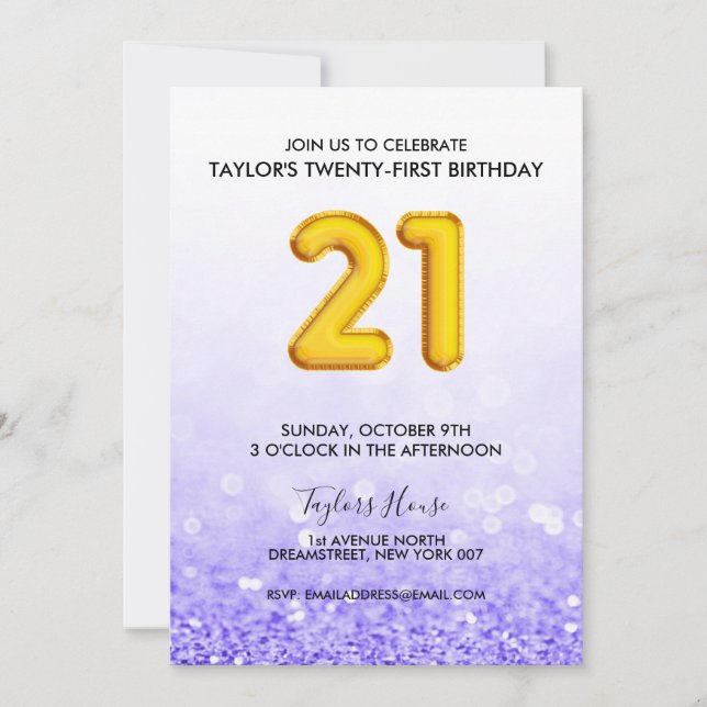 Invitation Ballons d'or Parties scintillant violet 21 Anniver (Devant)