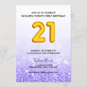 Invitation Ballons d'or Purple Parties scintillant 21 Anniver