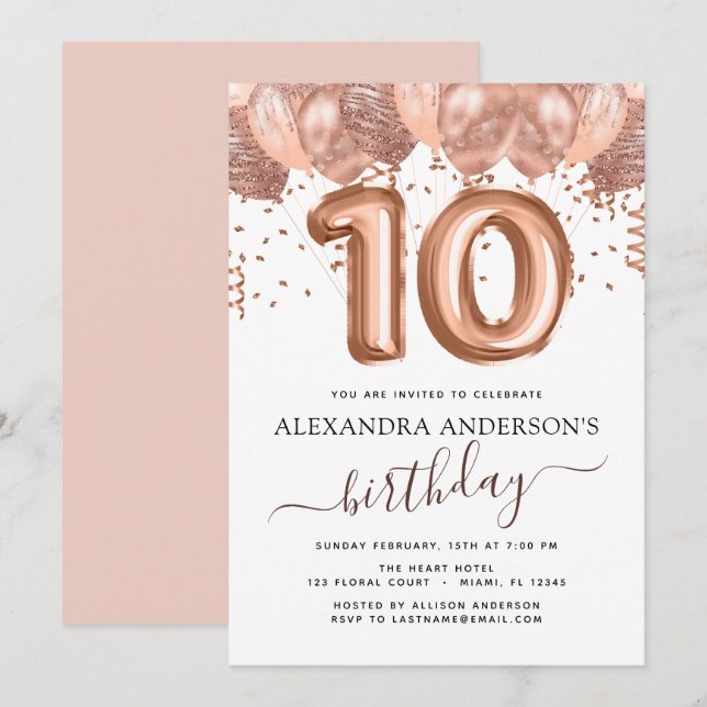 Invitation Ballons d'or rose 10e anniversaire Confetti (Devant / Derrière)