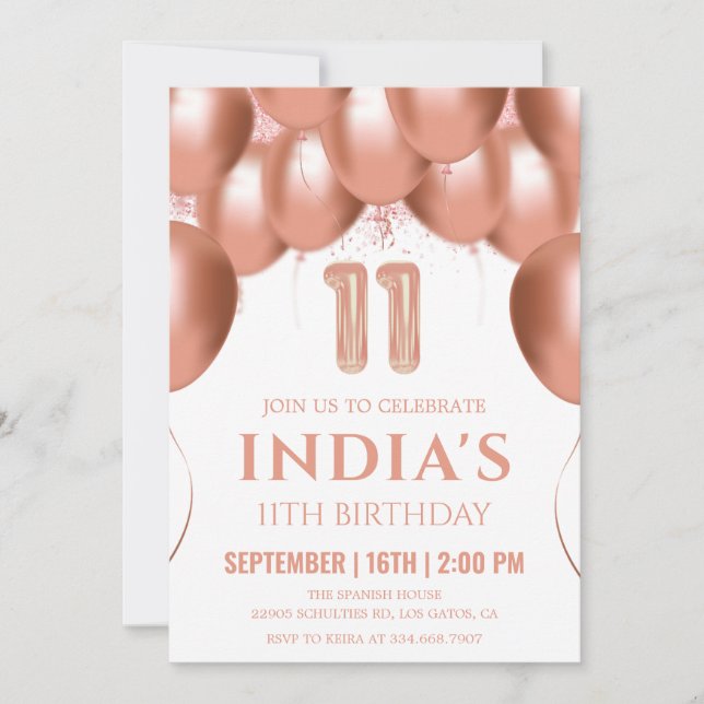 Invitation Ballons d'or rose 11e anniversaire (Devant)