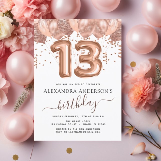 Invitation Ballons d'or rose 13e anniversaire Confetti (Créateur téléchargé)