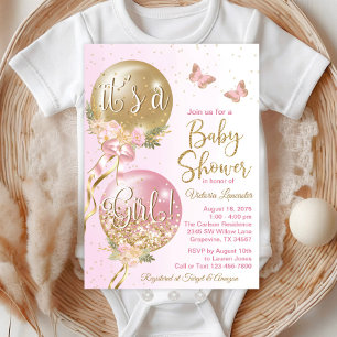 Invitation Ballons d'or rose Baby shower papillon