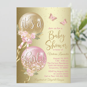 Invitation Ballons d'or rose Baby shower papillon