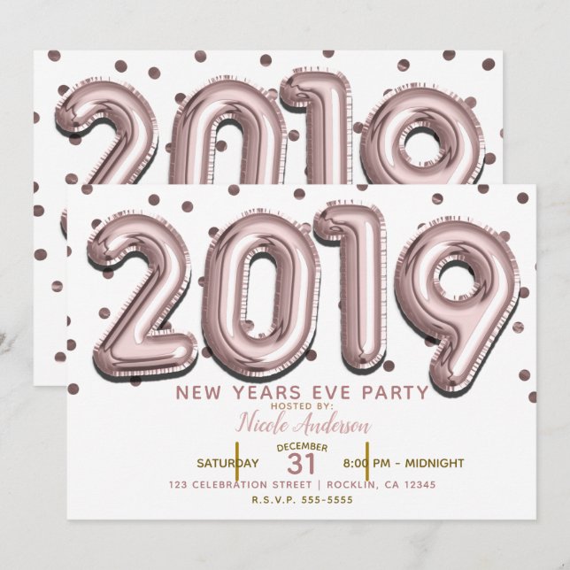 Invitation Ballons d'or Rose du Nouvel An 2019 (Devant / Derrière)