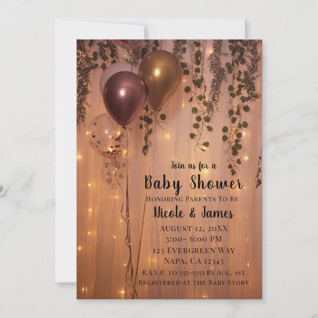 Invitation Ballons d'or rose éclaire le Baby shower d'ivoire (Devant)