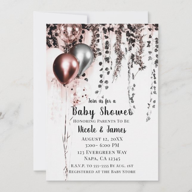Invitation Ballons d'or rose et Baby shower ivoire (Devant)