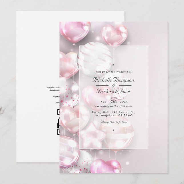 Invitation Ballons d'or rose et Rose Code QR Mariage RSVP (Devant / Derrière)