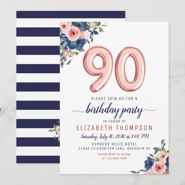 Invitation Ballons d'or rose Floride Marine Blush 90e anniver (Devant / Derrière)