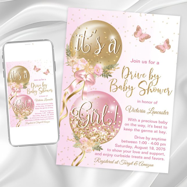 Invitation Ballons d'or rose Volet papillon par Baby shower (Cute pink gold drive by shower  invitation. Instant download and printed invitations available.)
