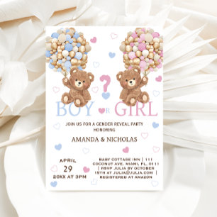 Invitation Ballons d'ours bleu rose Coeurs Genre Révéler Boho