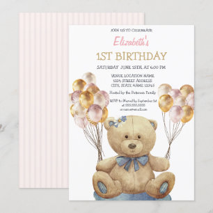 Invitation Ballons d'ours en peluche adorable rayé Anniversai