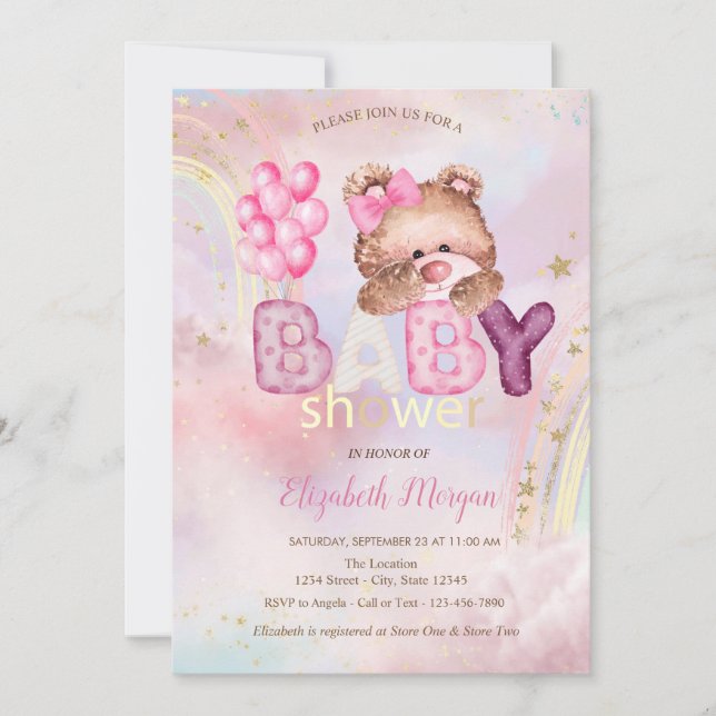 Invitation Ballons d'ours en peluche Baby shower arc-en-ciel  (Devant)