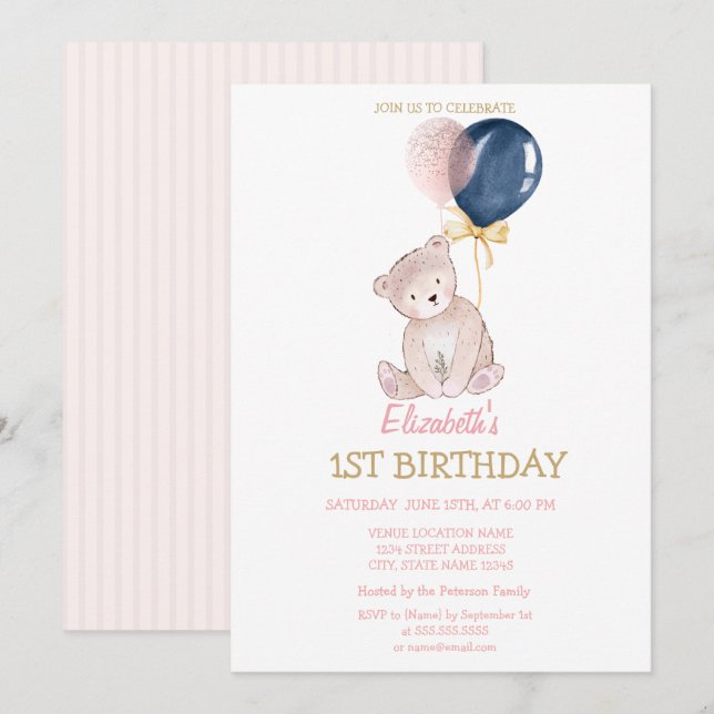 Invitation Ballons d'ours en peluche rayé Anniversaire (Devant / Derrière)