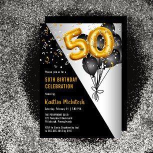 Invitation Ballons élégants Noir   Gold 50th Birthday Party