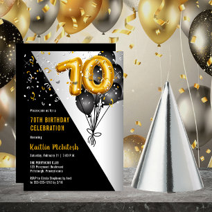 Invitation Ballons élégants Noir   Gold 70th Birthday Party