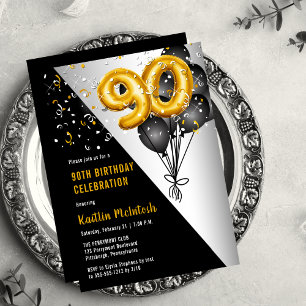 Invitation Ballons élégants Noir   Gold 90th Birthday Party