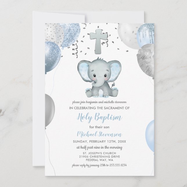 Invitation Ballons éléphants Aquarelle Baptême (Devant)
