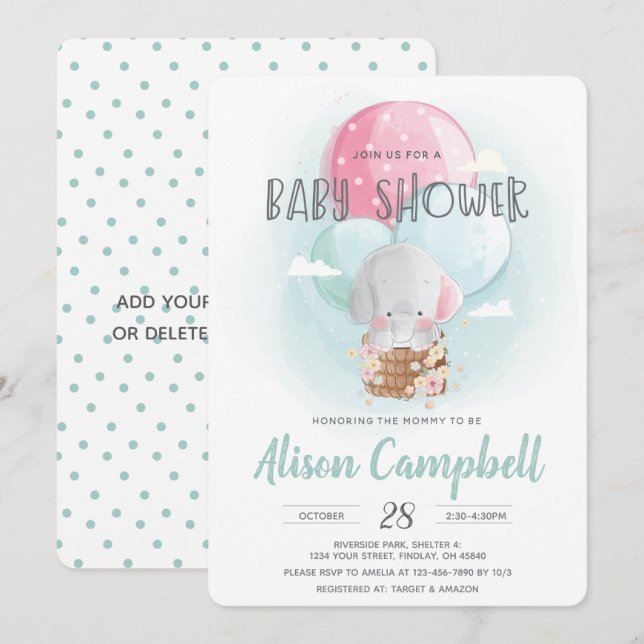 Invitation Ballons éléphants Baby shower neutre selon le sexe (Devant / Derrière)